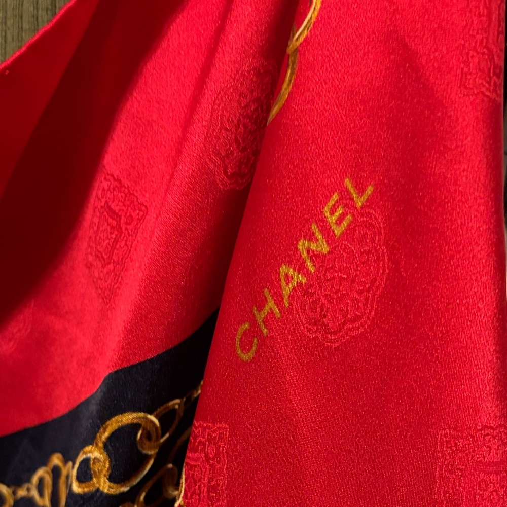 CHANEL Red, Black and Gold Silk Scarf with Chain Motif
